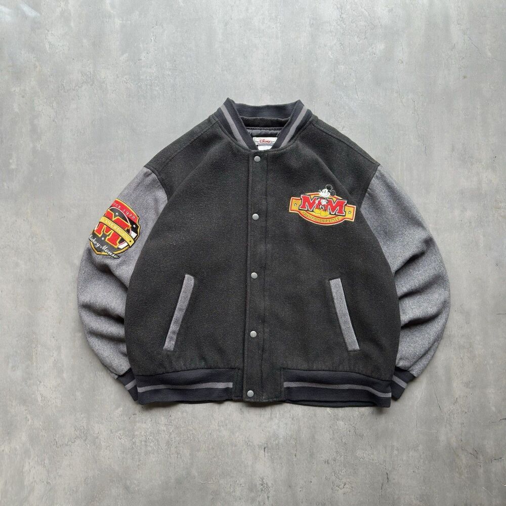 Vintage Disney Store Mickey Mouse Letterman Jacket Varsity Wool Blend L -W/ Hood